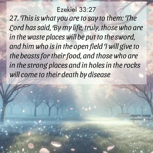 BasicEnglish Ezekiel  ; image nature: image with the bible verse :This is what you are to say to them: The Lord has said, By my life, truly, those who are in the waste places will be put to the sword, and him who is in the open field I will give to the beasts for their food, and those who are in the strong places and in holes in the rocks will come to their death by disease. ; Download inspiring Bible verse images featuring stunning natural vistas, from tropical islands to rolling hills. These free images make perfect wallpapers or gifts. Share verses like KJV Ezekiel 33:27. Current verse is overlayed with the thematic nature scene : Spring rain falls on cherry trees in full bloom, petals drifting like snow. ; 33:27