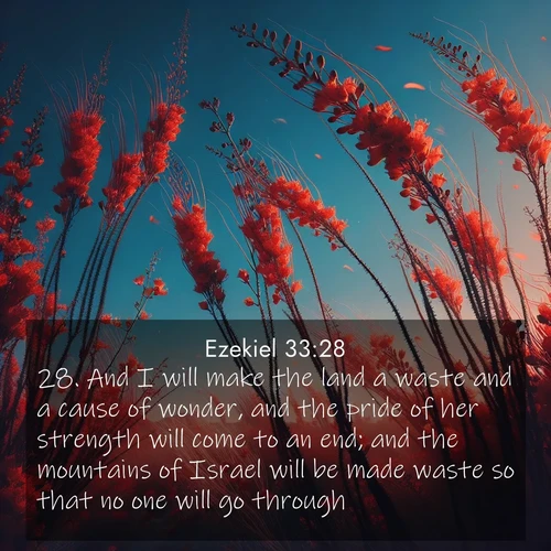 BasicEnglish Ezekiel  ; image nature: image with the bible verse :And I will make the land a waste and a cause of wonder, and the pride of her strength will come to an end; and the mountains of Israel will be made waste so that no one will go through. ; Dive into our collection of Bible verses paired with breathtaking desert landscapes, featuring infinite dunes, shaded oases, and desert sunsets. These images highlight the majestic grandeur of God&#039;s creation. Download and share verses like KJV Ezekiel 33:28. Current verse is overlayed with the thematic nature scene : Desert ocotillo flames against blue sky. Wind sings through its scarlet blooms. ; 33:28