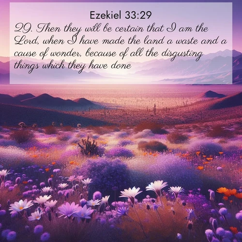 BasicEnglish Ezekiel  ; image nature: image with the bible verse :Then they will be certain that I am the Lord, when I have made the land a waste and a cause of wonder, because of all the disgusting things which they have done, ; Discover Bible images capturing the splendor of deserts, with golden dunes, vast skies, and peaceful oases. These landscapes highlight the grandeur and serenity of God&#039;s creation. Share verses like KJV Ezekiel 33:29. Current verse is overlayed with the thematic nature scene : Desert wildflowers carpet Death Valley after winter rains. Mountains fade to purple on the horizon. ; 33:29