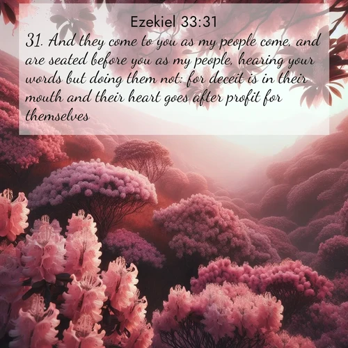 BasicEnglish Ezekiel  ; image nature: image with the bible verse :And they come to you as my people come, and are seated before you as my people, hearing your words but doing them not: for deceit is in their mouth and their heart goes after profit for themselves. ; Admire Bible images evoking autumn, with warm colors of fallen leaves, harvested fields, and tranquil woods. These inspiring landscapes reflect the transition and beauty of God&#039;s creation. Download verses like KJV Ezekiel 33:31. Current verse is overlayed with the thematic nature scene : Mountain laurel blooms paint hillsides pink. Spring breezes carry their honey scent. ; 33:31