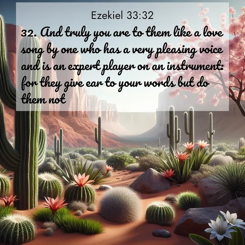 BasicEnglish Ezekiel  ; image nature: image with the bible verse :And truly you are to them like a love song by one who has a very pleasing voice and is an expert player on an instrument: for they give ear to your words but do them not. ; Admire our autumnal collection of Bible verse images accompanied by photos of paths lined with red and yellow leaves, fiery forests, and calm rivers. These images inspire reflection and serenity. Share verses like KJV Ezekiel 33:32. Current verse is overlayed with the thematic nature scene : Desert cacti burst with spring blooms against red sandstone formations. ; 33:32