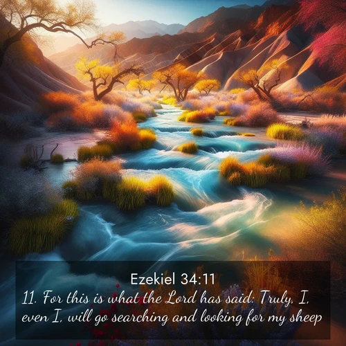 BasicEnglish Ezekiel  ; image nature: image with the bible verse :For this is what the Lord has said: Truly, I, even I, will go searching and looking for my sheep. ; Discover Bible verse images capturing the warmth of summer, with beach landscapes, sunlit fields, and clear skies. These bright scenes reflect divine joy. Share verses like KJV Ezekiel 34:11. Current verse is overlayed with the thematic nature scene : Spring floods transform desert arroyos into rushing streams. ; 34:11