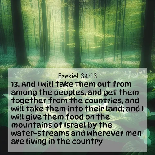 BasicEnglish Ezekiel  ; image nature: image with the bible verse :And I will take them out from among the peoples, and get them together from the countries, and will take them into their land; and I will give them food on the mountains of Israel by the water-streams and wherever men are living in the country. ; Explore a winter collection of Bible verse images adorned with photos of icy landscapes, frozen waterfalls, and snow-covered forests. These scenes capture divine tranquility and purity. Download inspiring verses like KJV Ezekiel 34:13. Current verse is overlayed with the thematic nature scene : Wild trillium dots the forest floor. Green light filters through spring leaves. ; 34:13