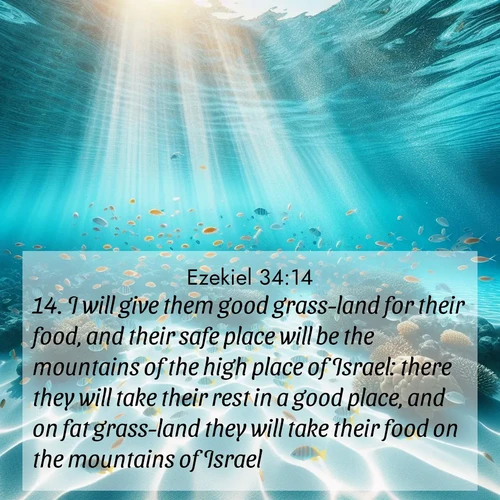 BasicEnglish Ezekiel  ; image nature: image with the bible verse :I will give them good grass-land for their food, and their safe place will be the mountains of the high place of Israel: there they will take their rest in a good place, and on fat grass-land they will take their food on the mountains of Israel. ; Admire Bible verse images capturing the beauty of beaches, with turquoise waters, palm trees, and peaceful shores. These soothing scenes reflect God&#039;s serenity and majesty. Download and share verses like KJV Ezekiel 34:14. Current verse is overlayed with the thematic nature scene : Reef fish swirl in perfect formation through crystal waters. Sunlight creates shifting patterns on white sand below. ; 34:14
