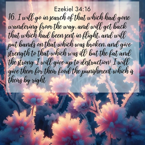 BasicEnglish Ezekiel  ; image nature: image with the bible verse :I will go in search of that which had gone wandering from the way, and will get back that which had been sent in flight, and will put bands on that which was broken, and give strength to that which was ill: but the fat and the strong I will give up to destruction; I will give them for their food the punishment which is theirs by right. ; Discover Bible images capturing the essence of autumn, with wooded paths, golden fields, and swirling leaves. These scenes reflect the changing beauty of God&#039;s creation. Download verses like KJV Ezekiel 34:16. Current verse is overlayed with the thematic nature scene : Morning light reveals frost flowers. Rainbow crystals bloom on bare branches. ; 34:16