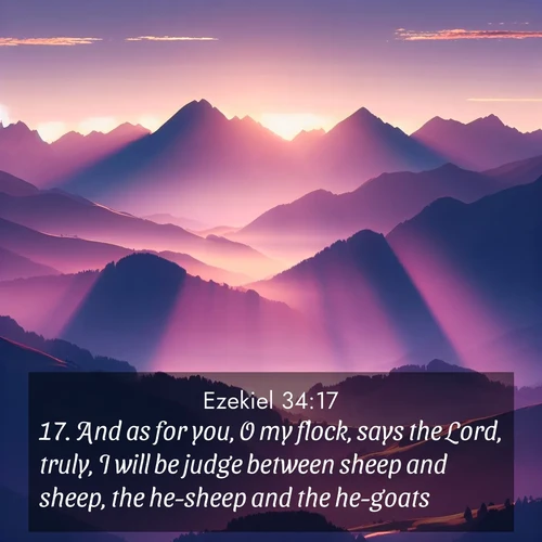 BasicEnglish Ezekiel  ; image nature: image with the bible verse :And as for you, O my flock, says the Lord, truly, I will be judge between sheep and sheep, the he-sheep and the he-goats. ; Admire our autumnal collection of Bible verse images accompanied by photos of paths lined with red and yellow leaves, fiery forests, and calm rivers. These images inspire reflection and serenity. Share verses like KJV Ezekiel 34:17. Current verse is overlayed with the thematic nature scene : Morning sun ignites mountain peaks. Valleys still sleep in purple shadow. ; 34:17