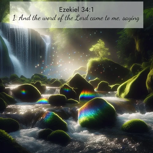 BasicEnglish Ezekiel  ; image nature: image with the bible verse :And the word of the Lord came to me, saying, ; Admire Bible images representing autumn, with swirling leaves, misty skies, and vibrant trees. These images inspire profound spiritual reflection. Download and share verses like KJV Ezekiel 34:1. Current verse is overlayed with the thematic nature scene : Rainbow prisms dance in a waterfall&#039;s spray. Moss glows emerald in filtered light. ; 34:1