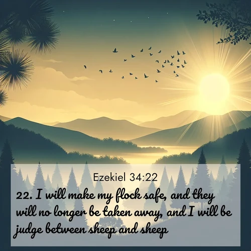 BasicEnglish Ezekiel  ; image nature: image with the bible verse :I will make my flock safe, and they will no longer be taken away, and I will be judge between sheep and sheep. ; Explore Bible verses paired with beach photos, where waves gently crash on the sand and the sky glows with pastel hues at sunset. These scenes convey deep serenity. Download verses like KJV Ezekiel 34:22. Current verse is overlayed with the thematic nature scene : Morning mist reveals hidden valleys. Birdsong heralds the dawn. ; 34:22