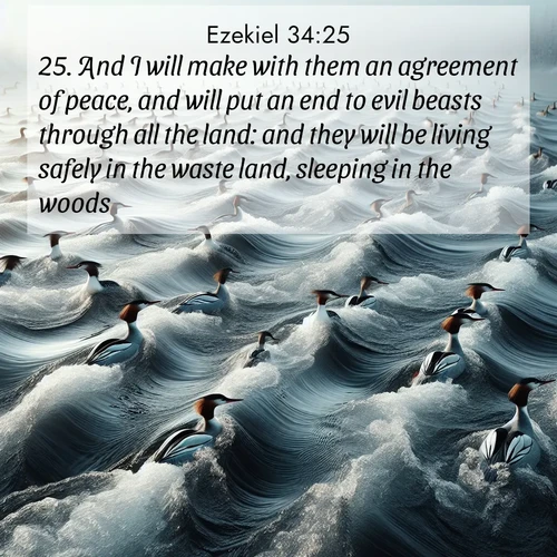 BasicEnglish Ezekiel  ; image nature: image with the bible verse :And I will make with them an agreement of peace, and will put an end to evil beasts through all the land: and they will be living safely in the waste land, sleeping in the woods. ; Admire Bible verse images illustrated by summer photos, such as sunny beaches, sparkling waves, and swaying palm trees. These bright scenes highlight the joy and warmth of God&#039;s creation. Download and share verses like KJV Ezekiel 34:25. Current verse is overlayed with the thematic nature scene : Wild mergansers ride river rapids. Their wakes create endless patterns. ; 34:25
