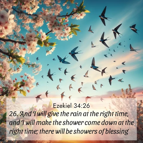 BasicEnglish Ezekiel  ; image nature: image with the bible verse :And I will give the rain at the right time, and I will make the shower come down at the right time; there will be showers of blessing. ; Discover beautiful Bible verse images enriched with natural landscapes, from serene beaches to cascading waterfalls. All images are free and ready to download. Share verses such as KJV Ezekiel 34:26. Current verse is overlayed with the thematic nature scene : Spring migration fills the sky with countless swallows. ; 34:26