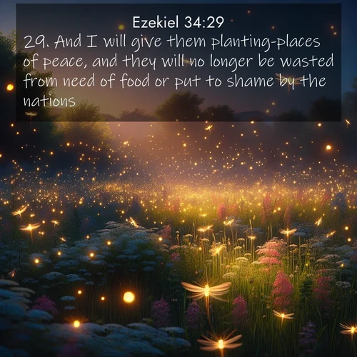 BasicEnglish Ezekiel  ; image nature: image with the bible verse :And I will give them planting-places of peace, and they will no longer be wasted from need of food or put to shame by the nations. ; Admire our gallery of Bible verse images showcasing divine beauty in nature—whether snowy peaks or serene oceans. Each image is freely downloadable and perfect for personal or spiritual use. Share verses like KJV Ezekiel 34:29. Current verse is overlayed with the thematic nature scene : Fireflies dance above a spring meadow filled with singing crickets. ; 34:29