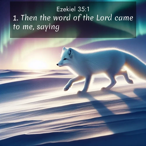 BasicEnglish Ezekiel  ; image nature: image with the bible verse :Then the word of the Lord came to me, saying, ; Explore a winter collection of Bible verse images adorned with photos of icy landscapes, frozen waterfalls, and snow-covered forests. These scenes capture divine tranquility and purity. Download inspiring verses like KJV Ezekiel 35:1. Current verse is overlayed with the thematic nature scene : An arctic fox hunts across windswept tundra. Northern lights paint its white coat in pastels. ; 35:1