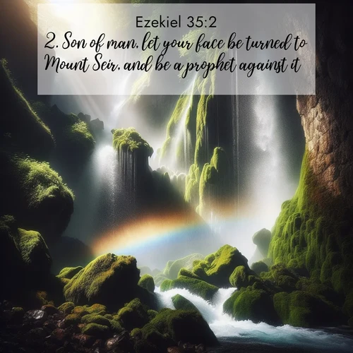 BasicEnglish Ezekiel  ; image nature: image with the bible verse :Son of man, let your face be turned to Mount Seir, and be a prophet against it, ; Browse our collection of Bible verses paired with captivating photos of God’s creation, like crystal-clear lakes, majestic cliffs, and colorful skies. All images are free for download and sharing. Verse examples include KJV Ezekiel 35:2. Current verse is overlayed with the thematic nature scene : A waterfall thunders through ancient moss-covered rocks while rainbow mist rises where water meets stone. ; 35:2