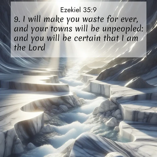 BasicEnglish Ezekiel  ; image nature: image with the bible verse :I will make you waste for ever, and your towns will be unpeopled: and you will be certain that I am the Lord. ; Browse a gallery of Bible verses paired with summer scenes, such as golden wheat fields, bright skies, and sunny beaches. These images convey the joy and warmth of God&#039;s creation. Download and share verses like KJV Ezekiel 35:9. Current verse is overlayed with the thematic nature scene : Mountain streams carve marble smooth. Sunlight dances on clear pools. ; 35:9