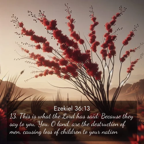 BasicEnglish Ezekiel  ; image nature: image with the bible verse :This is what the Lord has said: Because they say to you, You, O land, are the destruction of men, causing loss of children to your nation; ; Download high-resolution Bible verse images showcasing the beauty of God&#039;s creation—from radiant sunsets to tranquil rivers. Free for use as wallpapers or sharing verses like KJV Ezekiel 36:13. Current verse is overlayed with the thematic nature scene : Desert ocotillo flames crimson red. Wind sings through thorny branches. ; 36:13