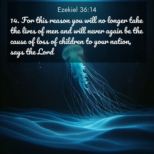 BasicEnglish Ezekiel  ; image nature: image with the bible verse :For this reason you will no longer take the lives of men and will never again be the cause of loss of children to your nation, says the Lord. ; Explore a gallery of beautiful Bible verse images with tranquil natural settings—perfect for phone backgrounds or inspirational posts. Download your favorite verses like KJV Ezekiel 36:14 today. Current verse is overlayed with the thematic nature scene : A lone jellyfish pulses through midnight waters. Its bioluminescent tendrils paint trails of azure light in the depths. ; 36:14