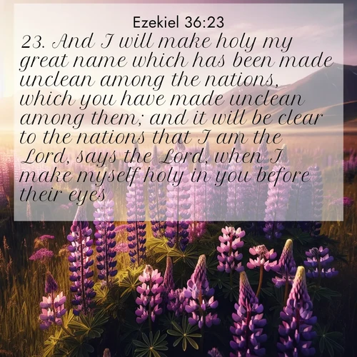 BasicEnglish Ezekiel  ; image nature: image with the bible verse :And I will make holy my great name which has been made unclean among the nations, which you have made unclean among them; and it will be clear to the nations that I am the Lord, says the Lord, when I make myself holy in you before their eyes. ; Discover a gallery of Bible verse images showcasing the beauty of autumn, with golden leaves, red forests, and peaceful fields bathed in soft light. These soothing scenes are perfect for accompanying inspiring verses like KJV Ezekiel 36:23. Current verse is overlayed with the thematic nature scene : Wild lupines paint purple meadows. Snow lingers on distant peaks. ; 36:23