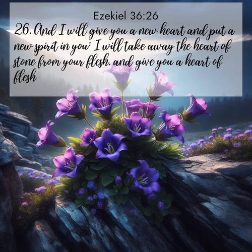 BasicEnglish Ezekiel  ; image nature: image with the bible verse :And I will give you a new heart and put a new spirit in you: I will take away the heart of stone from your flesh, and give you a heart of flesh. ; Download Bible verse images paired with breathtaking nature photos like golden deserts, shimmering seas, and blossoming orchards. These high-quality, free images are perfect for wallpapers or sharing. Verses include KJV Ezekiel 36:26. Current verse is overlayed with the thematic nature scene : Wild gentians bloom in rocky cracks. Summer storms gather above treeline. ; 36:26