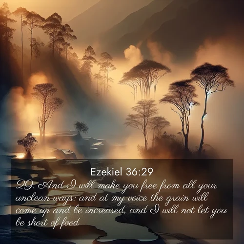 BasicEnglish Ezekiel  ; image nature: image with the bible verse :And I will make you free from all your unclean ways: and at my voice the grain will come up and be increased, and I will not let you be short of food. ; Admire our autumnal collection of Bible verse images accompanied by photos of paths lined with red and yellow leaves, fiery forests, and calm rivers. These images inspire reflection and serenity. Share verses like KJV Ezekiel 36:29. Current verse is overlayed with the thematic nature scene : Morning mist rises from thermal pools. Steam dragons dance in golden light. ; 36:29