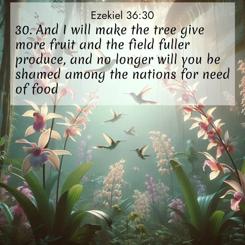 BasicEnglish Ezekiel  ; image nature: image with the bible verse :And I will make the tree give more fruit and the field fuller produce, and no longer will you be shamed among the nations for need of food. ; Admire stunning Bible verse images paired with photos of peaceful landscapes, such as foggy mornings, serene rivers, and blooming gardens. Download these free images and share verses like KJV Ezekiel 36:30. Current verse is overlayed with the thematic nature scene : Wild orchids bloom in rainforest canopy. Hummingbirds dance between delicate petals. ; 36:30