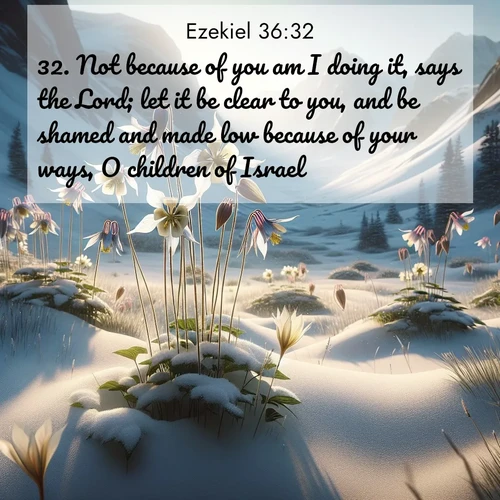 BasicEnglish Ezekiel  ; image nature: image with the bible verse :Not because of you am I doing it, says the Lord; let it be clear to you, and be shamed and made low because of your ways, O children of Israel. ; Browse our collection of Bible verses paired with captivating photos of God’s creation, like crystal-clear lakes, majestic cliffs, and colorful skies. All images are free for download and sharing. Verse examples include KJV Ezekiel 36:32. Current verse is overlayed with the thematic nature scene : Wild columbines nod in alpine breeze. Glacier lilies dot snowy meadows. ; 36:32