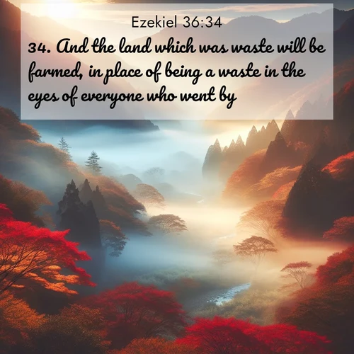 BasicEnglish Ezekiel  ; image nature: image with the bible verse :And the land which was waste will be farmed, in place of being a waste in the eyes of everyone who went by. ; Explore Bible verse images highlighting the beauty of spring, with vibrant flowers, butterflies, and blossoming fruit trees. These scenes evoke divine hope and renewal. Download inspiring verses like KJV Ezekiel 36:34. Current verse is overlayed with the thematic nature scene : Autumn mist rises from a valley dotted with red and gold maples. ; 36:34