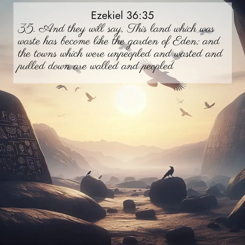 BasicEnglish Ezekiel  ; image nature: image with the bible verse :And they will say, This land which was waste has become like the garden of Eden; and the towns which were unpeopled and wasted and pulled down are walled and peopled. ; Explore Bible verse images highlighting the beauty of spring, with vibrant flowers, butterflies, and blossoming fruit trees. These scenes evoke divine hope and renewal. Download inspiring verses like KJV Ezekiel 36:35. Current verse is overlayed with the thematic nature scene : Desert petroglyphs tell ancient stories. Ravens soar past wearing shadows for wings. ; 36:35