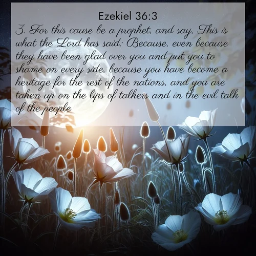 BasicEnglish Ezekiel  ; image nature: image with the bible verse :For this cause be a prophet, and say, This is what the Lord has said: Because, even because they have been glad over you and put you to shame on every side, because you have become a heritage for the rest of the nations, and you are taken up on the lips of talkers and in the evil talk of the people: ; Discover Bible verses beautifully integrated with natural scenes of varied seasons, featuring summer skies, winter snow, autumn leaves, and spring blooms. Each image captures the splendor and peace of God&#039;s creation. Share verses like KJV Ezekiel 36:3. Current verse is overlayed with the thematic nature scene : Moonflowers open to the rising full moon. Night insects hum in harmony. ; 36:3