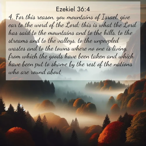 BasicEnglish Ezekiel  ; image nature: image with the bible verse :For this reason, you mountains of Israel, give ear to the word of the Lord; this is what the Lord has said to the mountains and to the hills, to the streams and to the valleys, to the unpeopled wastes and to the towns where no one is living, from which the goods have been taken and which have been put to shame by the rest of the nations who are round about: ; Discover a rich selection of Bible verse images illustrated by natural landscapes like tranquil beaches, golden fields, and majestic trees. These images aim to capture the peace and beauty of God&#039;s creation, with vibrant colors and varied typography. Download and share inspiring verses like KJV Ezekiel 36:4. Current verse is overlayed with the thematic nature scene : Autumn fog rolls through valleys between ancient rounded mountains. ; 36:4