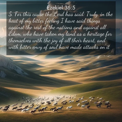 BasicEnglish Ezekiel  ; image nature: image with the bible verse :For this cause the Lord has said: Truly, in the heat of my bitter feeling I have said things against the rest of the nations and against all Edom, who have taken my land as a heritage for themselves with the joy of all their heart, and with bitter envy of soul have made attacks on it: ; Browse our library of beautiful Bible verse images, perfect for wallpapers or sharing. Each verse is paired with serene natural landscapes like misty mountains, calming beaches, and colorful sunsets. Download and enjoy verses such as KJV Ezekiel 36:5. Current verse is overlayed with the thematic nature scene : Wild horses gallop across a high mountain plateau. Storm clouds gather ominously on the horizon. ; 36:5