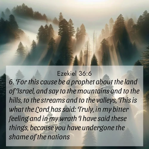 BasicEnglish Ezekiel  ; image nature: image with the bible verse :For this cause be a prophet about the land of Israel, and say to the mountains and to the hills, to the streams and to the valleys, This is what the Lord has said: Truly, in my bitter feeling and in my wrath I have said these things, because you have undergone the shame of the nations: ; Dive into a gallery of Bible verses illustrated by tropical beach scenes, featuring sparkling waves, seashells, and radiant sunrises. These images evoke divine peace and joy. Download and share inspiring verses like KJV Ezekiel 36:6. Current verse is overlayed with the thematic nature scene : Coastal redwoods disappear into fog. Filtered sunlight creates divine rays. ; 36:6