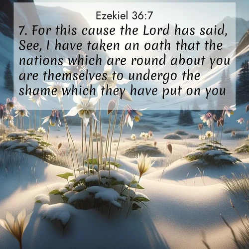 BasicEnglish Ezekiel  ; image nature: image with the bible verse :For this cause the Lord has said, See, I have taken an oath that the nations which are round about you are themselves to undergo the shame which they have put on you. ; Browse an inspiring gallery of Bible verse images with nature photos, such as blooming gardens, golden deserts, and shaded forests. The chosen images capture the peaceful and joyful essence of God&#039;s creation, with vibrant colors and harmonious fonts. Share verses like KJV Ezekiel 36:7. Current verse is overlayed with the thematic nature scene : Wild columbines nod in alpine breeze. Glacier lilies dot snowy meadows. ; 36:7
