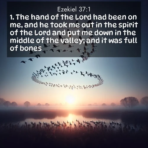 BasicEnglish Ezekiel  ; image nature: image with the bible verse :The hand of the Lord had been on me, and he took me out in the spirit of the Lord and put me down in the middle of the valley; and it was full of bones; ; Explore Bible verse images beautifully illustrated with spring scenes, such as blooming meadows, trees in full bloom, and tranquil streams. These landscapes convey divine hope and vitality. Download and share verses like KJV Ezekiel 37:1. Current verse is overlayed with the thematic nature scene : Wild geese arrow through dawn sky. Their calls wake sleeping marshes. ; 37:1
