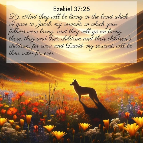 BasicEnglish Ezekiel  ; image nature: image with the bible verse :And they will be living in the land which I gave to Jacob, my servant, in which your fathers were living; and they will go on living there, they and their children and their children&#039;s children, for ever: and David, my servant, will be their ruler for ever. ; Dive into our collection of Bible verse images beautifully illustrated with beach photos, featuring gentle waves, sunsets over the sea, and sandy shores. These scenes evoke the peace and majesty of God. Download and share inspiring verses like KJV Ezekiel 37:25. Current verse is overlayed with the thematic nature scene : Spring wildflowers carpet Death Valley in gold. A coyote&#039;s silhouette melts into the blooms. ; 37:25