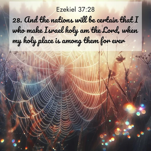 BasicEnglish Ezekiel  ; image nature: image with the bible verse :And the nations will be certain that I who make Israel holy am the Lord, when my holy place is among them for ever. ; Dive into our collection of Bible verses paired with breathtaking desert landscapes, featuring infinite dunes, shaded oases, and desert sunsets. These images highlight the majestic grandeur of God&#039;s creation. Download and share verses like KJV Ezekiel 37:28. Current verse is overlayed with the thematic nature scene : Morning fog reveals spider web galaxies. Dew drops catch rainbow light. ; 37:28
