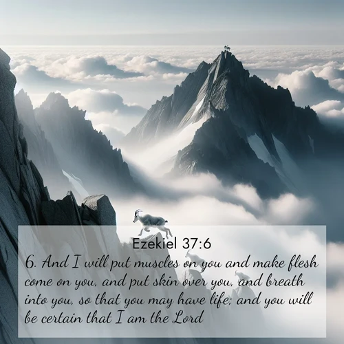 BasicEnglish Ezekiel  ; image nature: image with the bible verse :And I will put muscles on you and make flesh come on you, and put skin over you, and breath into you, so that you may have life; and you will be certain that I am the Lord. ; Explore a collection of free Bible verse images paired with serene landscapes like golden beaches, verdant forests, and clear blue skies. Each image is ideal for desktop or phone wallpapers. Share verses like KJV Ezekiel 37:6. Current verse is overlayed with the thematic nature scene : Mountain goats navigate impossible peaks. Clouds swirl beneath their sure feet. ; 37:6