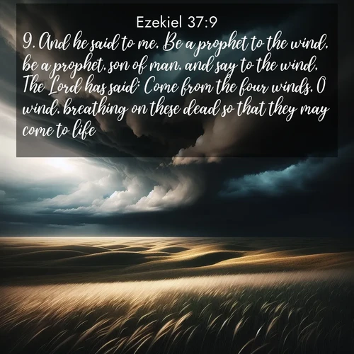 BasicEnglish Ezekiel  ; image nature: image with the bible verse :And he said to me, Be a prophet to the wind, be a prophet, son of man, and say to the wind, The Lord has said: Come from the four winds, O wind, breathing on these dead so that they may come to life. ; Discover beautiful Bible verse images that combine inspiring scripture with captivating nature photos. Download high-quality images featuring lush valleys, peaceful streams, and endless horizons like KJV Ezekiel 37:9. Current verse is overlayed with the thematic nature scene : Storm clouds gather over windswept grasslands, prairie grass rippling like waves beneath the darkening sky. ; 37:9