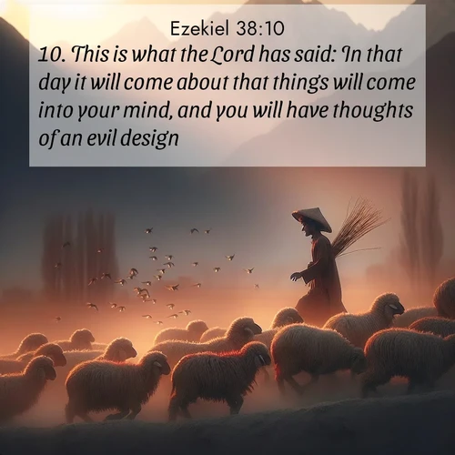 BasicEnglish Ezekiel  ; image nature: image with the bible verse :This is what the Lord has said: In that day it will come about that things will come into your mind, and you will have thoughts of an evil design: ; Discover Bible verse images capturing the warmth of summer, with beach landscapes, sunlit fields, and clear skies. These bright scenes reflect divine joy. Share verses like KJV Ezekiel 38:10. Current verse is overlayed with the thematic nature scene : A shepherd guides his flock home. Sunset paints wool golden red. ; 38:10