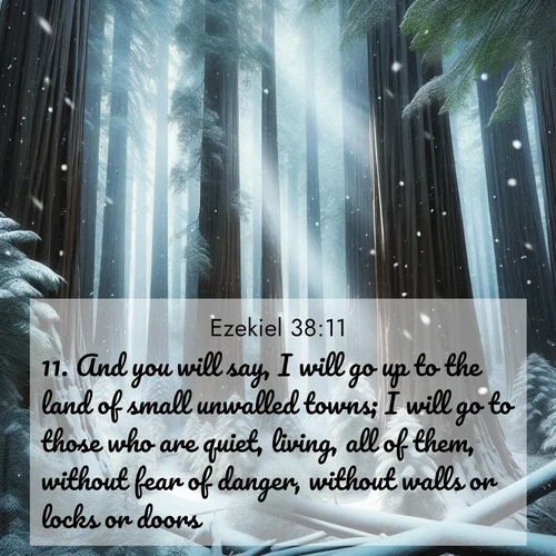 BasicEnglish Ezekiel  ; image nature: image with the bible verse :And you will say, I will go up to the land of small unwalled towns; I will go to those who are quiet, living, all of them, without fear of danger, without walls or locks or doors: ; Admire our gallery of Bible verse images paired with serene nature photography, featuring starlit skies, golden sands, and blooming wildflowers. Download and share verses like KJV Ezekiel 38:11. Current verse is overlayed with the thematic nature scene : Snow falls silently on ancient redwoods. Shafts of light pierce through to illuminate the forest floor. ; 38:11
