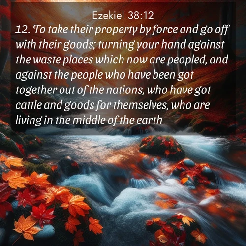BasicEnglish Ezekiel  ; image nature: image with the bible verse :To take their property by force and go off with their goods; turning your hand against the waste places which now are peopled, and against the people who have been got together out of the nations, who have got cattle and goods for themselves, who are living in the middle of the earth. ; Explore winter-themed Bible verse images illustrated by snowy mountains, frost-covered branches, and clear skies. These landscapes reflect divine purity and peace. Download verses like KJV Ezekiel 38:12. Current verse is overlayed with the thematic nature scene : Autumn leaves swirl in eddies along a mountain stream. ; 38:12