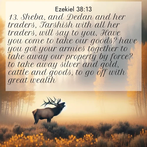 BasicEnglish Ezekiel  ; image nature: image with the bible verse :Sheba, and Dedan and her traders, Tarshish with all her traders, will say to you, Have you come to take our goods? have you got your armies together to take away our property by force? to take away silver and gold, cattle and goods, to go off with great wealth? ; Browse our library of beautiful Bible verse images, perfect for wallpapers or sharing. Each verse is paired with serene natural landscapes like misty mountains, calming beaches, and colorful sunsets. Download and enjoy verses such as KJV Ezekiel 38:13. Current verse is overlayed with the thematic nature scene : A bull elk bugles across a misty valley. Aspen leaves quake golden in response. ; 38:13