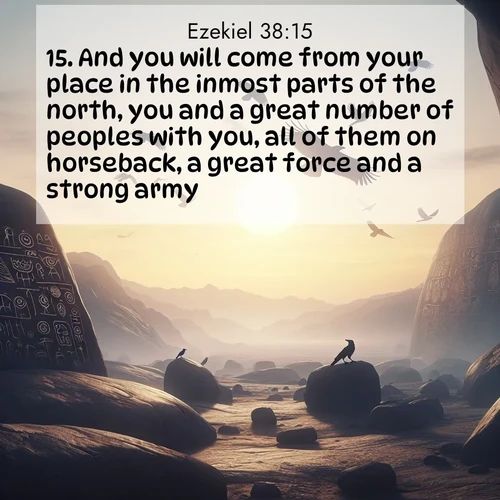 BasicEnglish Ezekiel  ; image nature: image with the bible verse :And you will come from your place in the inmost parts of the north, you and a great number of peoples with you, all of them on horseback, a great force and a strong army: ; Admire our gallery of Bible verse images showcasing divine beauty in nature—whether snowy peaks or serene oceans. Each image is freely downloadable and perfect for personal or spiritual use. Share verses like KJV Ezekiel 38:15. Current verse is overlayed with the thematic nature scene : Desert petroglyphs tell ancient stories. Ravens soar past wearing shadows for wings. ; 38:15