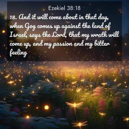 BasicEnglish Ezekiel  ; image nature: image with the bible verse :And it will come about in that day, when Gog comes up against the land of Israel, says the Lord, that my wrath will come up, and my passion and my bitter feeling. ; Discover Bible images capturing the splendor of deserts, with golden dunes, vast skies, and peaceful oases. These landscapes highlight the grandeur and serenity of God&#039;s creation. Share verses like KJV Ezekiel 38:18. Current verse is overlayed with the thematic nature scene : Fireflies dance above a spring meadow filled with singing crickets. ; 38:18