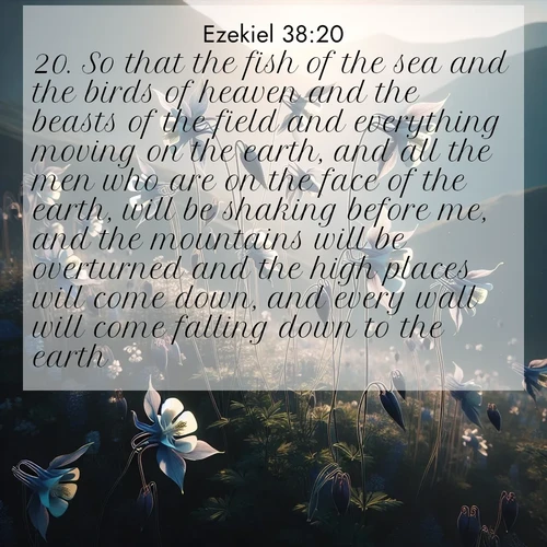 BasicEnglish Ezekiel  ; image nature: image with the bible verse :So that the fish of the sea and the birds of heaven and the beasts of the field and everything moving on the earth, and all the men who are on the face of the earth, will be shaking before me, and the mountains will be overturned and the high places will come down, and every wall will come falling down to the earth. ; Admire Bible verse images capturing the beauty of beaches, with turquoise waters, palm trees, and peaceful shores. These soothing scenes reflect God&#039;s serenity and majesty. Download and share verses like KJV Ezekiel 38:20. Current verse is overlayed with the thematic nature scene : Wild columbines dance on impossibly thin stems. Mountain breezes carry their perfume. ; 38:20
