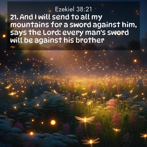 BasicEnglish Ezekiel  ; image nature: image with the bible verse :And I will send to all my mountains for a sword against him, says the Lord: every man&#039;s sword will be against his brother. ; Admire Bible images representing autumn, with swirling leaves, misty skies, and vibrant trees. These images inspire profound spiritual reflection. Download and share verses like KJV Ezekiel 38:21. Current verse is overlayed with the thematic nature scene : Fireflies dance above a spring meadow filled with singing crickets. ; 38:21