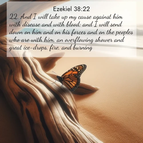 BasicEnglish Ezekiel  ; image nature: image with the bible verse :And I will take up my cause against him with disease and with blood; and I will send down on him and on his forces and on the peoples who are with him, an overflowing shower and great ice-drops, fire, and burning. ; Admire our autumnal collection of Bible verse images accompanied by photos of paths lined with red and yellow leaves, fiery forests, and calm rivers. These images inspire reflection and serenity. Share verses like KJV Ezekiel 38:22. Current verse is overlayed with the thematic nature scene : A single monarch butterfly alights on a sun-bleached driftwood log. Waves crash endlessly on the empty beach beyond. ; 38:22