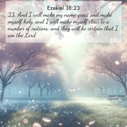 BasicEnglish Ezekiel  ; image nature: image with the bible verse :And I will make my name great and make myself holy, and I will make myself clear to a number of nations; and they will be certain that I am the Lord. ; Discover Bible images capturing the essence of autumn, with wooded paths, golden fields, and swirling leaves. These scenes reflect the changing beauty of God&#039;s creation. Download verses like KJV Ezekiel 38:23. Current verse is overlayed with the thematic nature scene : Spring rain falls on cherry trees in full bloom, petals drifting like snow. ; 38:23