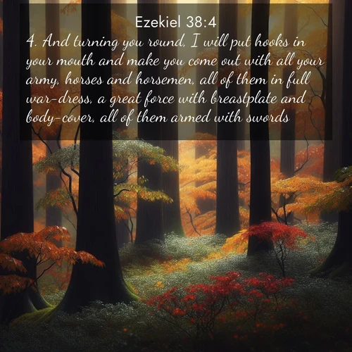 BasicEnglish Ezekiel  ; image nature: image with the bible verse :And turning you round, I will put hooks in your mouth and make you come out with all your army, horses and horsemen, all of them in full war-dress, a great force with breastplate and body-cover, all of them armed with swords: ; Browse our library of beautiful Bible verse images, perfect for wallpapers or sharing. Each verse is paired with serene natural landscapes like misty mountains, calming beaches, and colorful sunsets. Download and enjoy verses such as KJV Ezekiel 38:4. Current verse is overlayed with the thematic nature scene : Autumn rain darkens tree trunks in the forest. ; 38:4