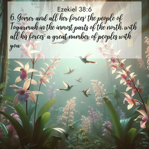BasicEnglish Ezekiel  ; image nature: image with the bible verse :Gomer and all her forces; the people of Togarmah in the inmost parts of the north, with all his forces: a great number of peoples with you. ; Explore serene Bible verse images adorned with photos of divine creation—tranquil beaches, snowy mountains, and starry skies. Each image is free to download and share. Verses include KJV Ezekiel 38:6. Current verse is overlayed with the thematic nature scene : Wild orchids bloom in rainforest canopy. Hummingbirds dance between delicate petals. ; 38:6