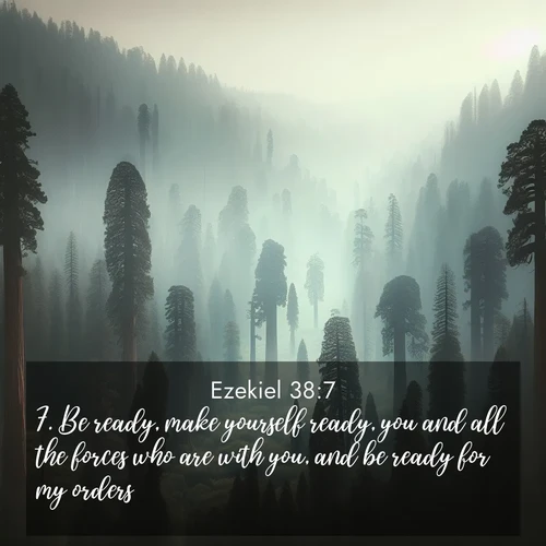 BasicEnglish Ezekiel  ; image nature: image with the bible verse :Be ready, make yourself ready, you and all the forces who are with you, and be ready for my orders. ; Browse our selection of stunning Bible verse images featuring unique natural scenes like fiery autumn forests, serene meadows, and starlit skies. Download and share verses like KJV Ezekiel 38:7 for free. Current verse is overlayed with the thematic nature scene : Ancient sequoias pierce through valley fog. Centuries of growth reach for filtered light. ; 38:7
